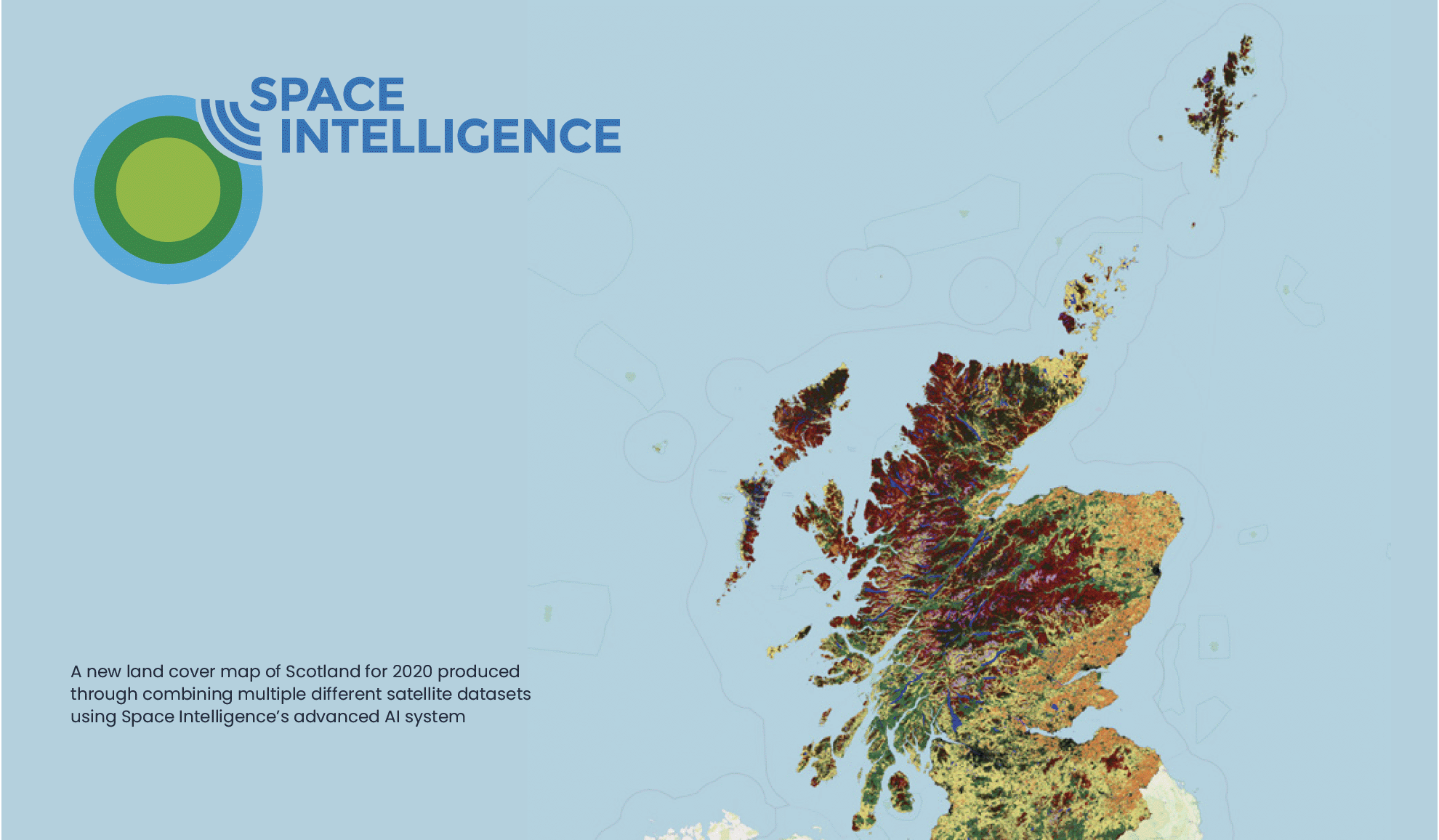 A satellite image of Scotland, with different types of land cover mapped by colour.