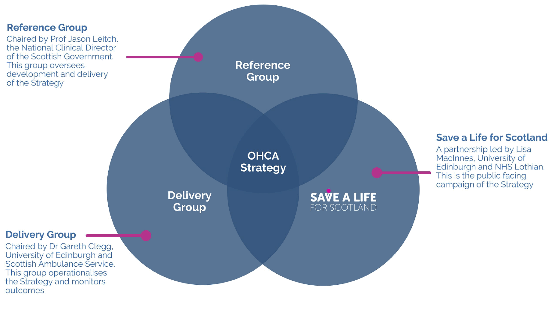 A diagram to explain the differences between the Strategy groups – the Reference group, the Delivery group and the Save a Life for Scotland group.