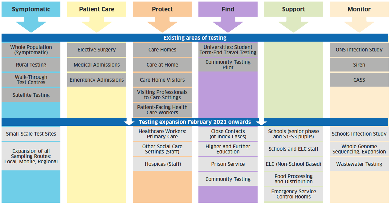 Diagram outlines the different testing pathways, both existing and from February 2021 onwards, and how they relate to the Testing Strategic Priorities