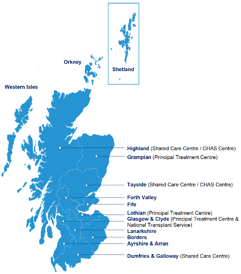 A map showing the whole of Scotland is presented, with the exact geographical location of the 11 NHS Scotland Paediatric Principal Treatment and Shared Care Centres marked. 