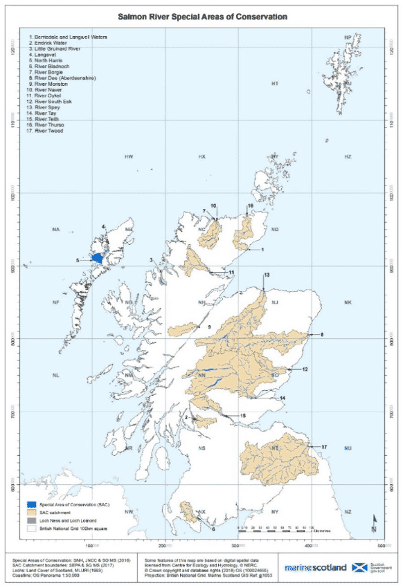 Map of Scotland displaying the 17 rivers designated as Special Areas of Conservation for Atlantic salmon