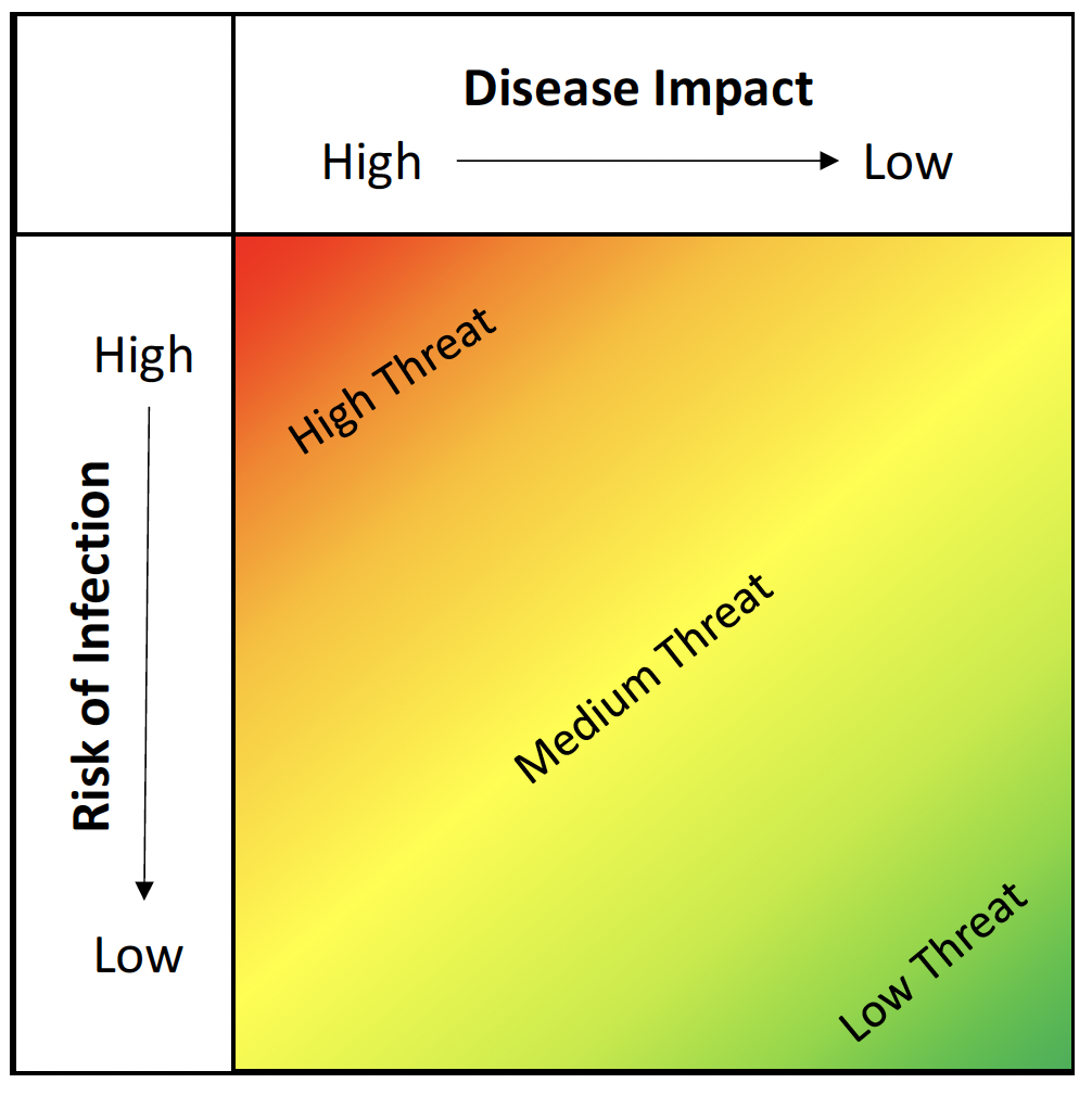 Matrix illustrating that our assessment of COVID-19 threat will be a judgement combining an assessment of potential disease impact and risk of infection.