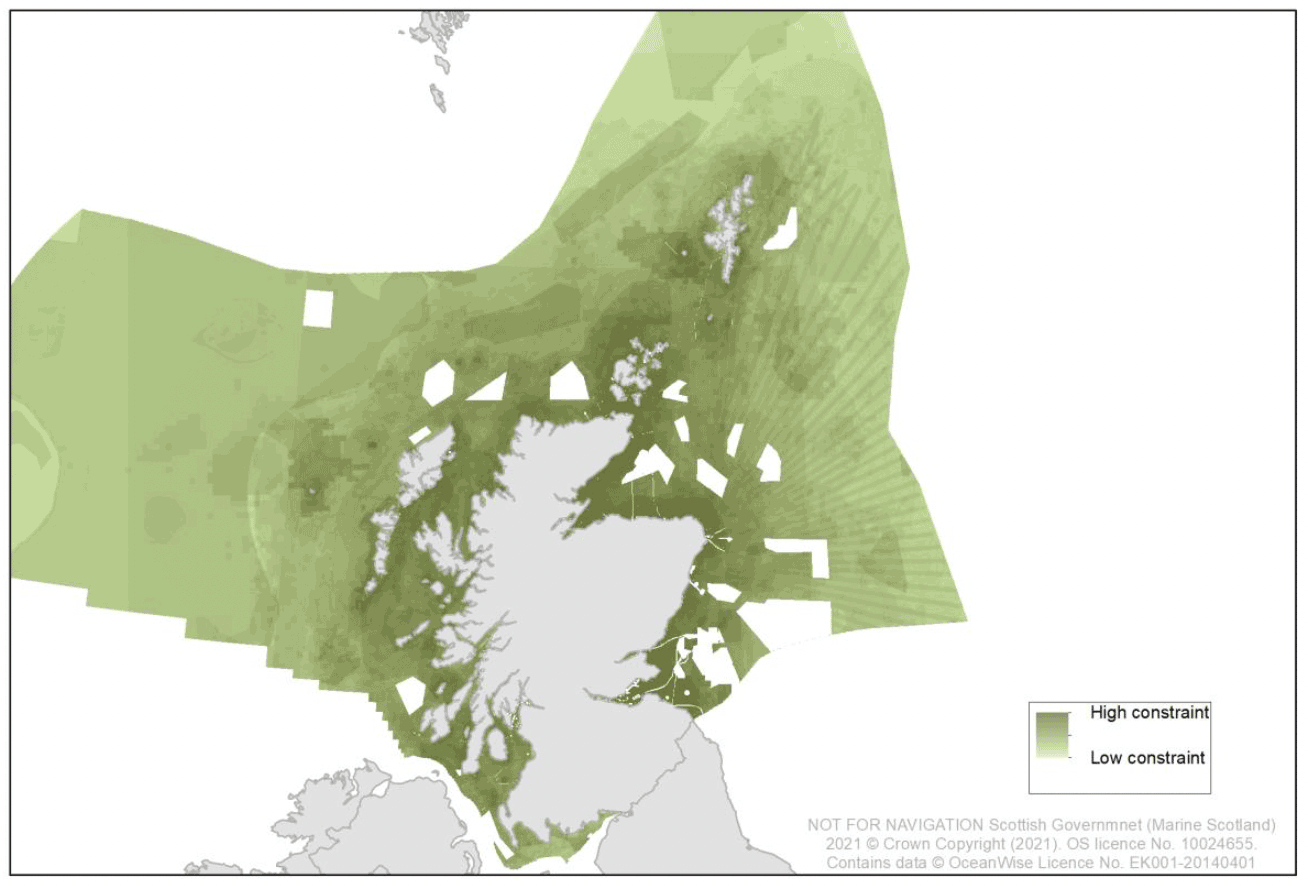 Map of Scottish waters, overlaid with the Opportunity and Constraint analysis - combined output.
