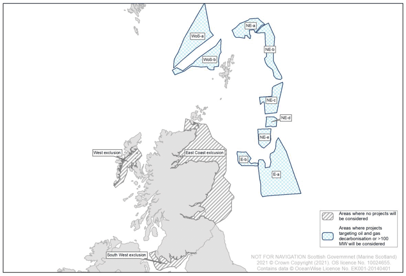 Map of INTOG areas of search and exclusions as described in the Plan Specification and Context Report (August 2021).