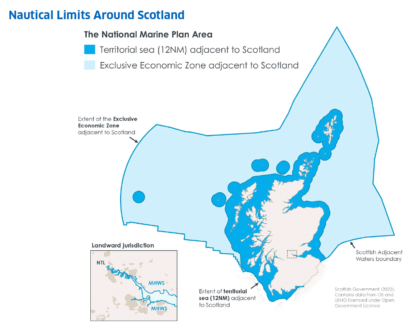 Map of the marine area which will be covered by National Marine Plan 2. A solid border delineates the 6 nautical mile limit. A dashed border delineates the 12 nautical mile limit. A dotted border delineates the 200 nautical mile limit. 
