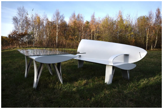 Table and bench made from recycled wind turbine blades. 