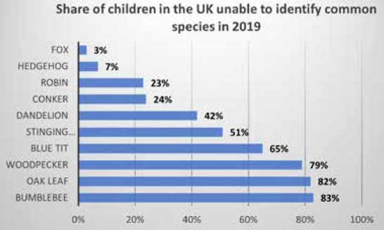 A bar chart showing the share of children in the UK unable to identify common species in 2019. For example, while only 3 per cent of children were unable to identify a fox, 83 per cent were unable to identify a bumblebee