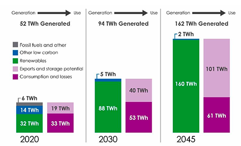 Bar charts showing the sources of electricity generation, and levels of domestic consumption and export of electricity in 2020, 2030, and 2045