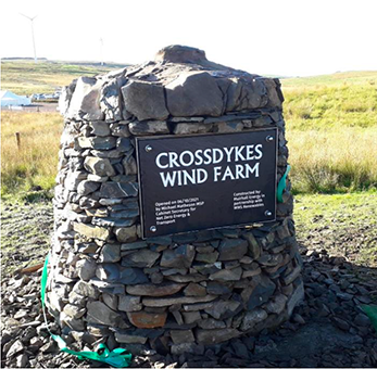 Sign saying Crossdykes Wind Farm 