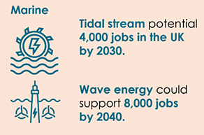Tidal stream energy has the potential to create 4,000 jobs in the UK by 2030. 

Wave energy could support 8,000 jobs by 2040. 
