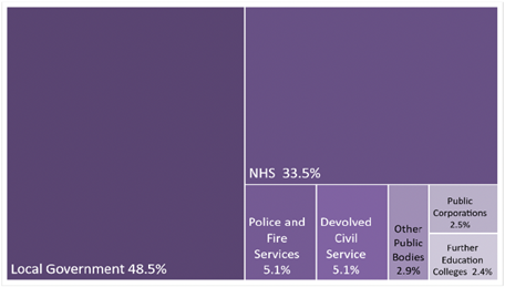 This is a square area map showing the composition of the Scottish devolved Public Sector. It shows Local Government at 48.5% and NHS with 33.5%.