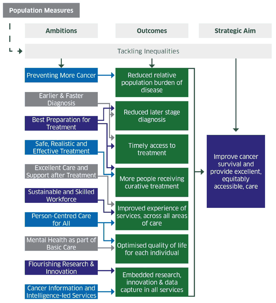diagram shows 11 ambition of strategy, the immediate outcomes of achieving these outcomes and how this in turn provides for strategy aim of Improving cancer survival and provide excellent, equitably accessible care