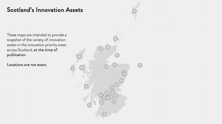 Overview map of Scotland showing the location of innovation assets within the innovation priority areas, at the time of publication. 