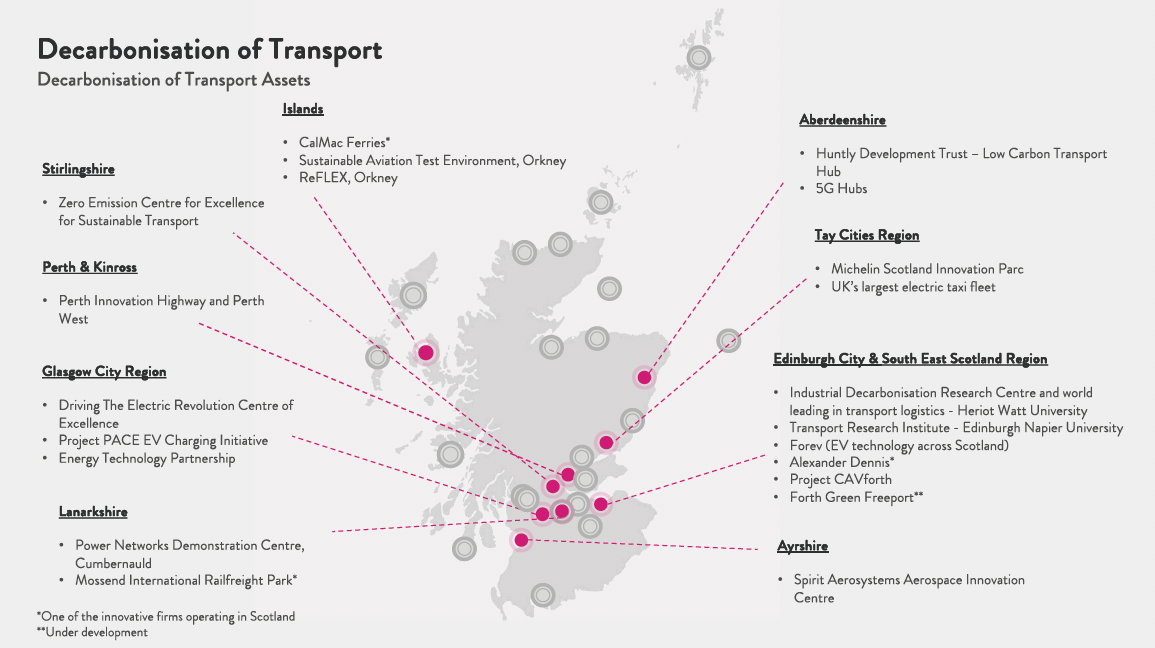 A map of Scotland showing the location of innovation assets relating to the decarbonisation of transport.