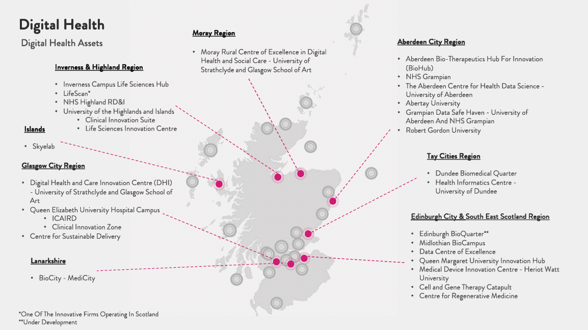 A map of Scotland showing the location of innovation assets relating to digital health.
