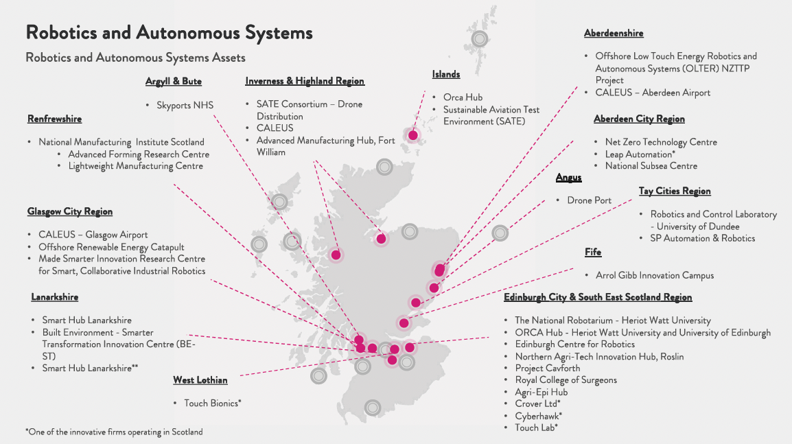 A map of Scotland showing the location of innovation assets relating to robotics and autonomous systems.