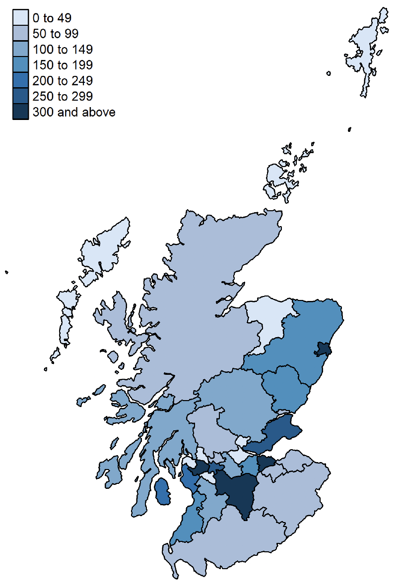 This image shows a map of Scotland, colour coded to show the number of individuals matched to each local authority area since the Scottish super sponsor scheme began. Aberdeen City, City of Edinburgh, South Lanarkshire, and Renfrewshire have the highest number of matches (300 or more individuals). Moray, the Western Isles, Orkney and Shetland have the lowest (under 50 individuals).