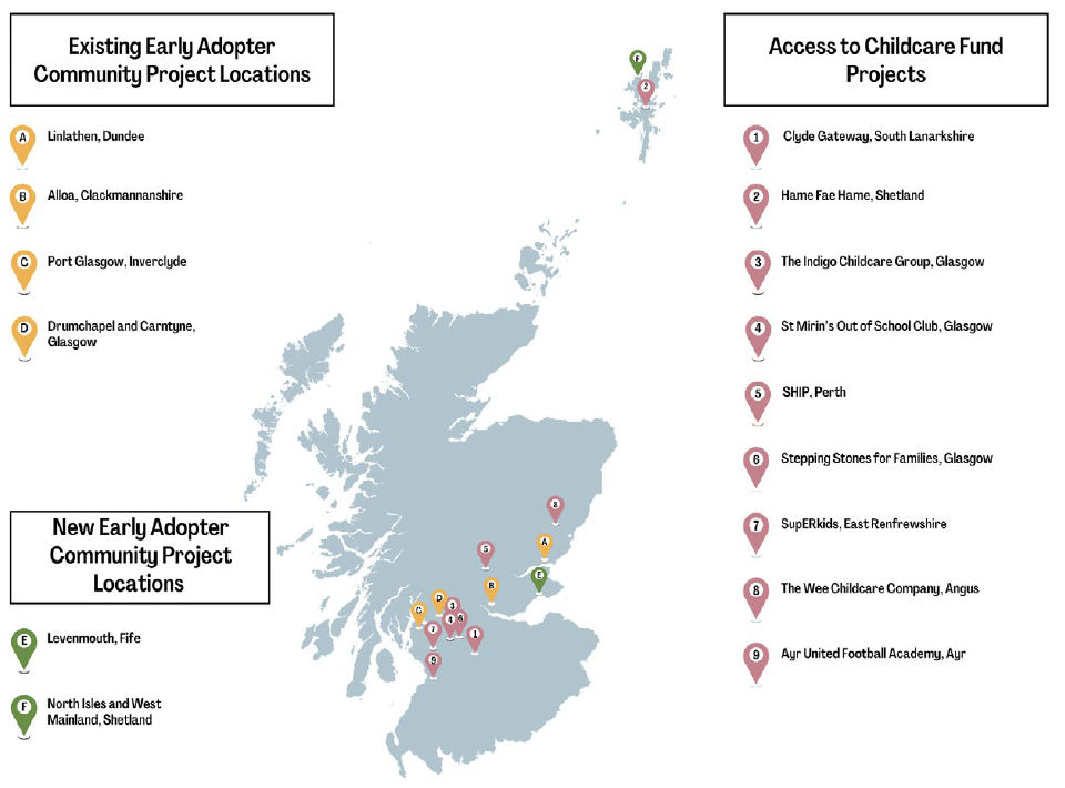 This diagram outline of Scotland which sets out the locations of our Existing Early Adopter Communities, our new Early Adopter communities and our Access to Childcare Fund Projects