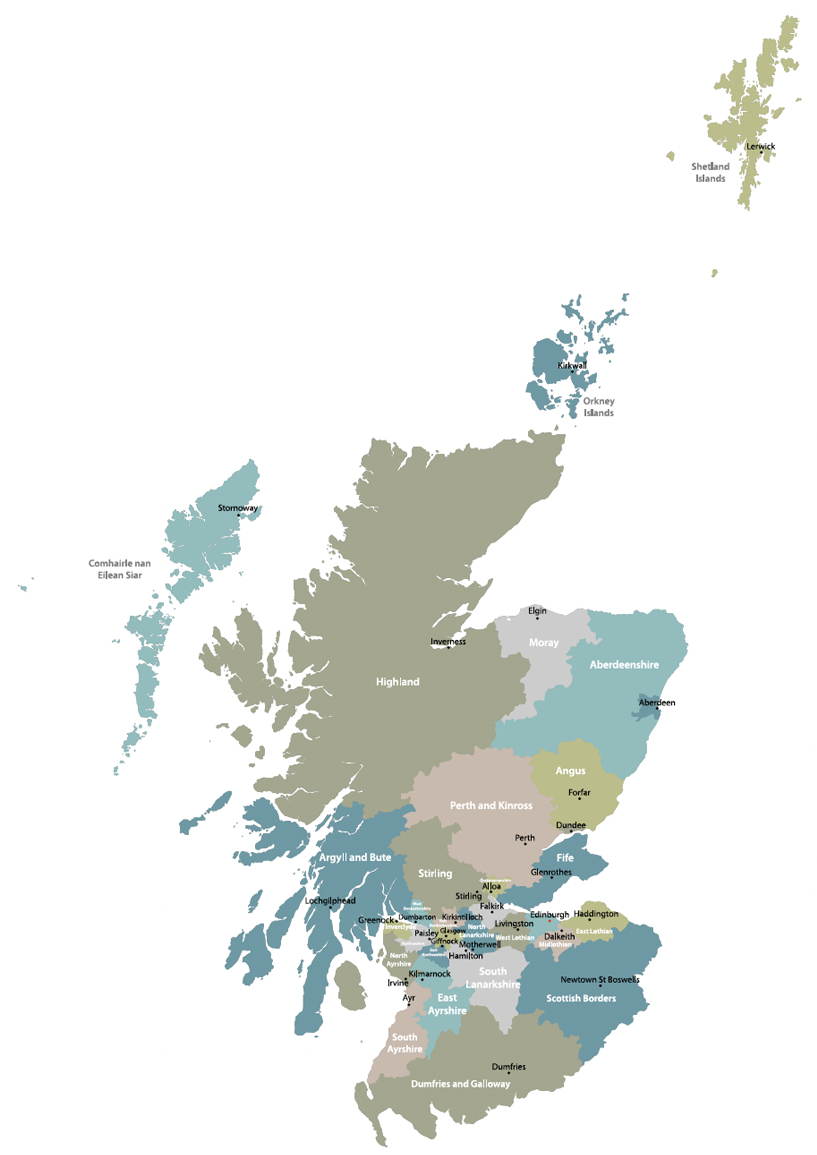 A map depicting Scottish council areas.