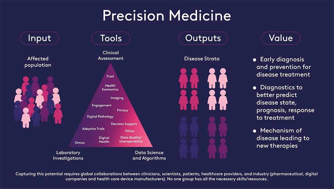 precision medicine showing inputs, tools, outputs and its value.
