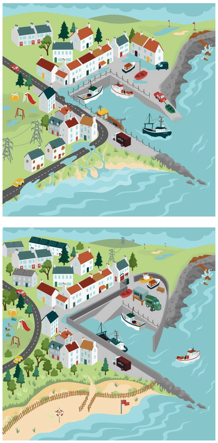 A graphic illustration of a flooded coastal community alongside another graphic illustration of the same coastal community with flood resilient measures incorporated and no flooding.