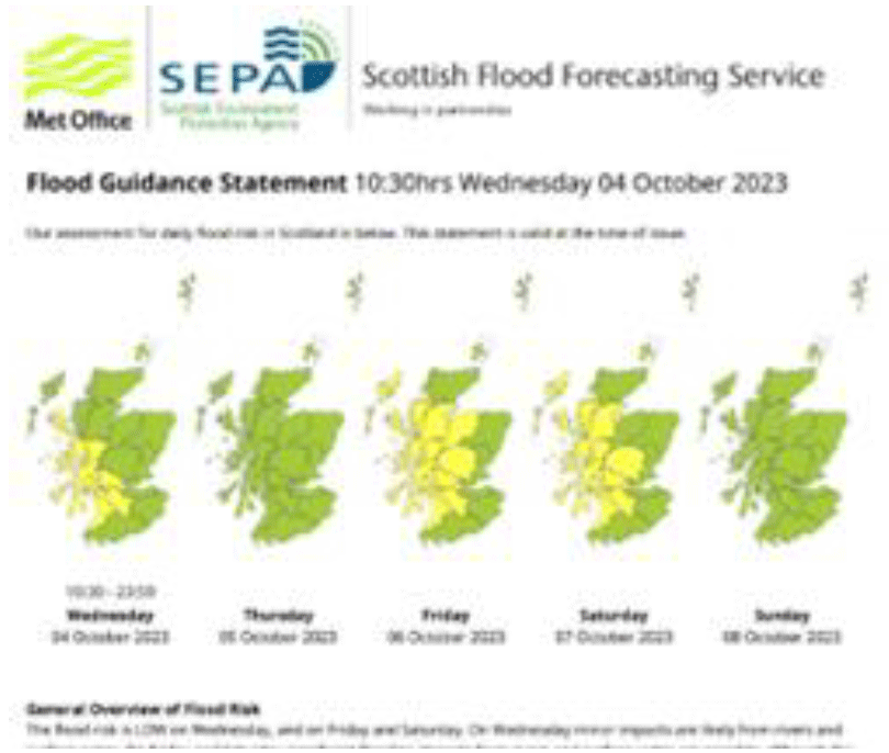 A screenshot of the Scottish Flood Forecasting Service website - Flood Guidance Statement. Screenshot shows the 5 day flood forecast which includes 5 maps of Scotland.
