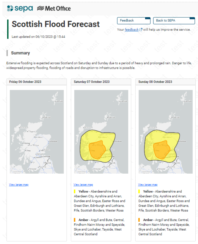 A screenshot of the Scottish Flood Forecasting Service website showing a summary of a flood forecast which shows three maps of Scotland.