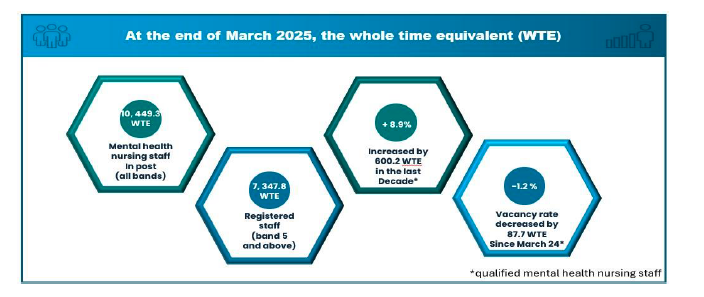 At the end of March 2025, the whole time equivalent (<abbr title='Whole Time Equivalent' >WTE</abbr>) of mental health nursing staff in post was 10,449.3 <abbr title='Whole Time Equivalent' >WTE</abbr>, from which 7,347.8 were registered mental health nursing staff (band 5 and above). The registered mental health nursing staff has increased by 8.9% (600.2 <abbr title='Whole Time Equivalent' >WTE</abbr>) in the last decade. The vacancy rate was 3.8% (289.8 <abbr title='Whole Time Equivalent' >WTE</abbr>), which has decreased, compared to 5% as at March 2024.