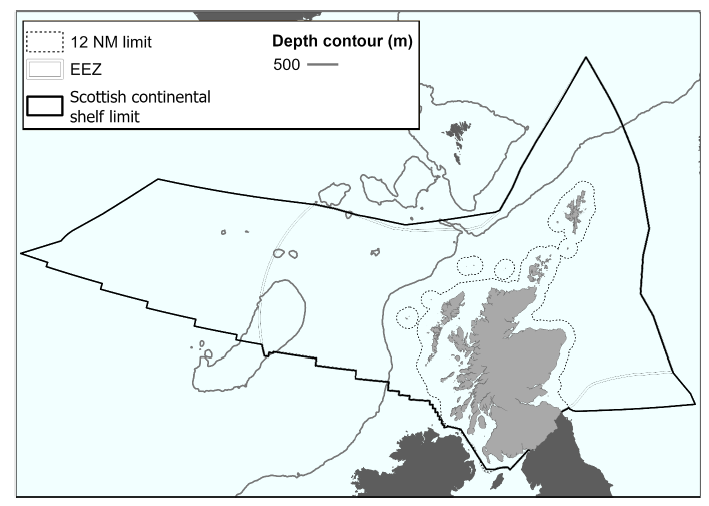 Map of area covered by the Scottish Seabird Conservation Action Plan. This includes Scotland shaded in grey, a dotted line indicating the 12 nautical miles limit of inshore waters, and a bold solid line indicating the Scottish continental shelf limit. 