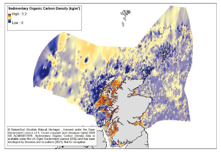 A map showing the density of organic carbon in seabed sediments in Scottish waters. It shows that organic carbon is found in higher densities in inshore waters along the west coast in particular. 