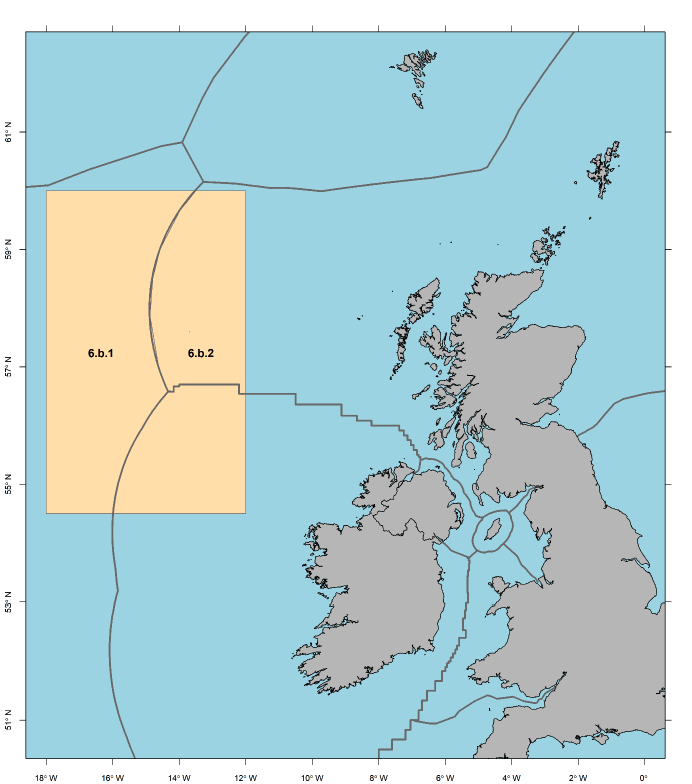 Map of the UK and surrounding waters showing two highlighted zones west of Scotland labeled 6.b.1 and 6.b.2.