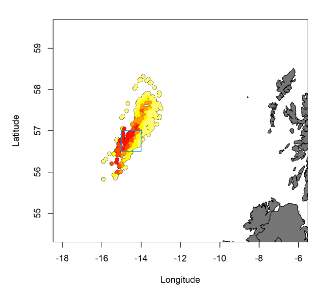 Map showing the west coast of Scotland with a cluster of coloured points (yellow to red) west of the Outer Hebrides, indicating data density. A small blue rectangle outlines part of the cluster.