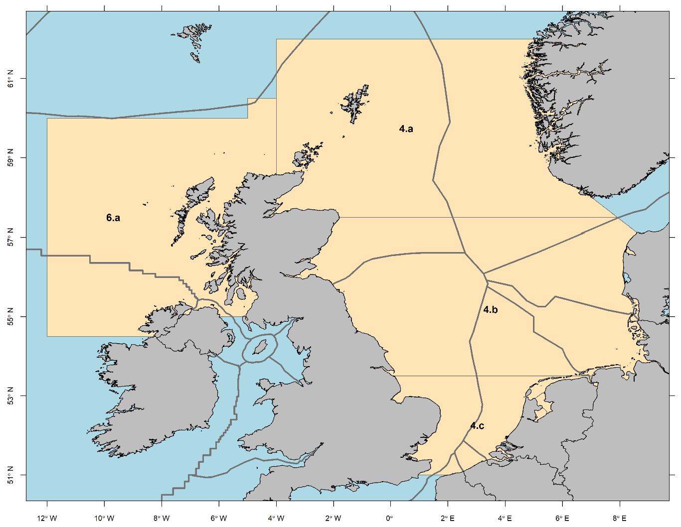 Map of UK and North Sea showing ICES areas 4.a, 4.b, 4.c, and 6.a in light yellow.