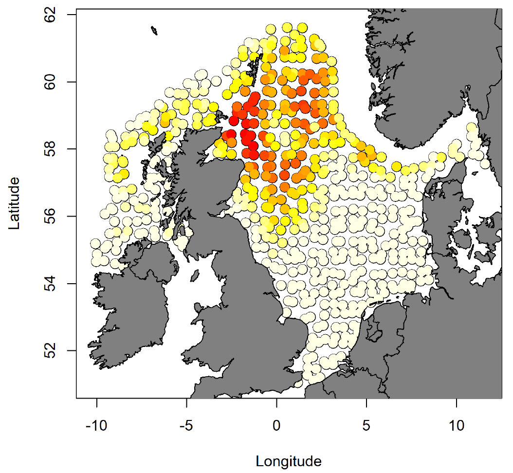 A map of northwestern Europe showing distribution of Northern Shelf haddock