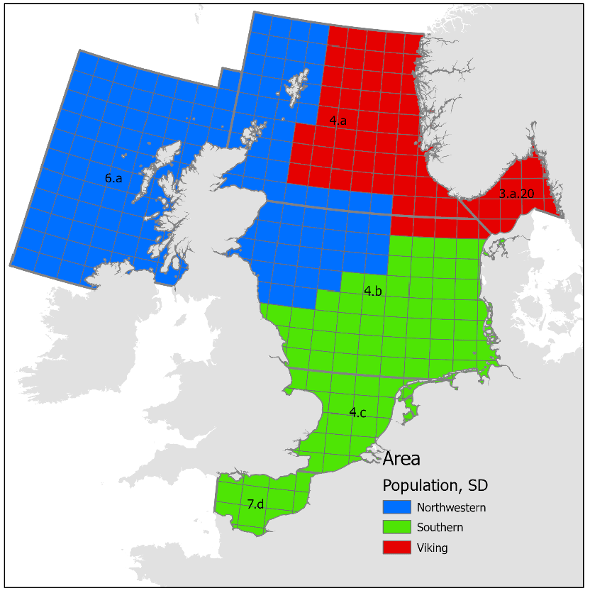 Map of North Atlantic showing fishing zones for Northern Shelf Cod with coloured grid cells (yellow to red) indicating Northwestern, Southern and Viking substocks distribution during spawning.
