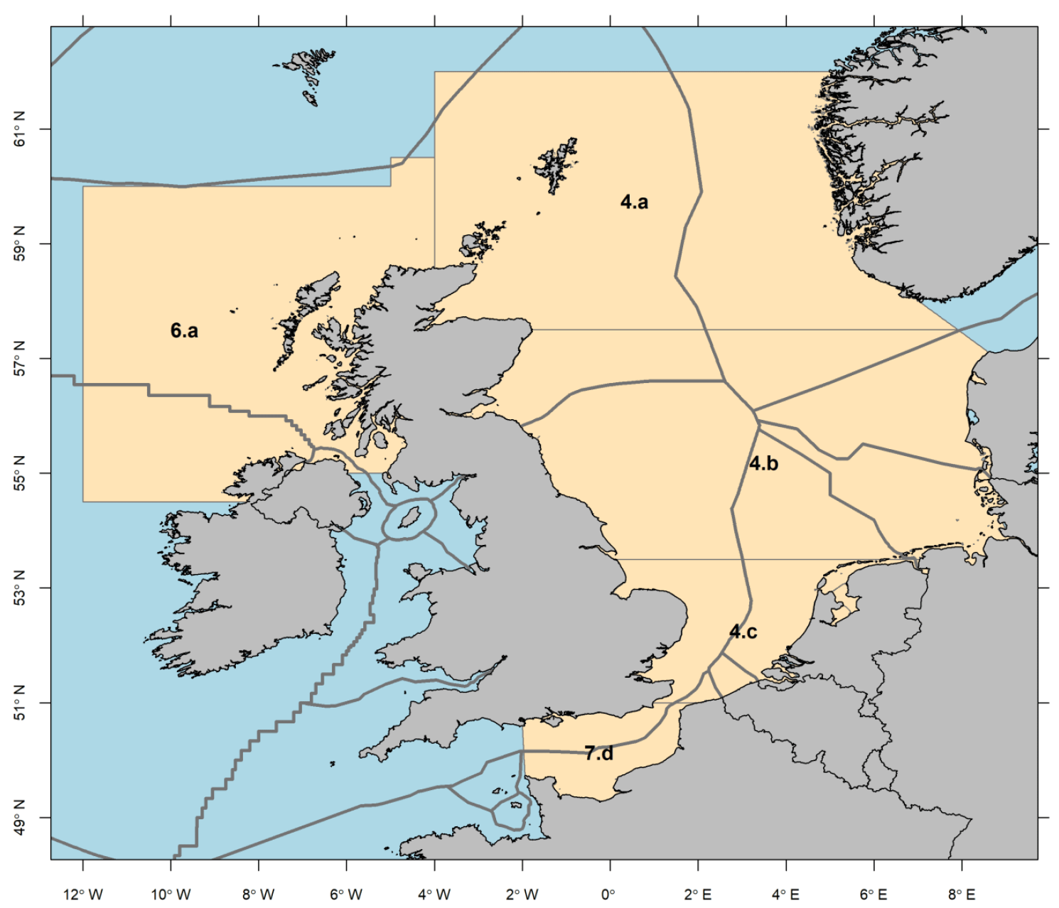Map of UK and North Sea showing ICES fisheries zones 4.a, 4.b, 4.c, 6.a, and 7.d highlighted in light yellow.