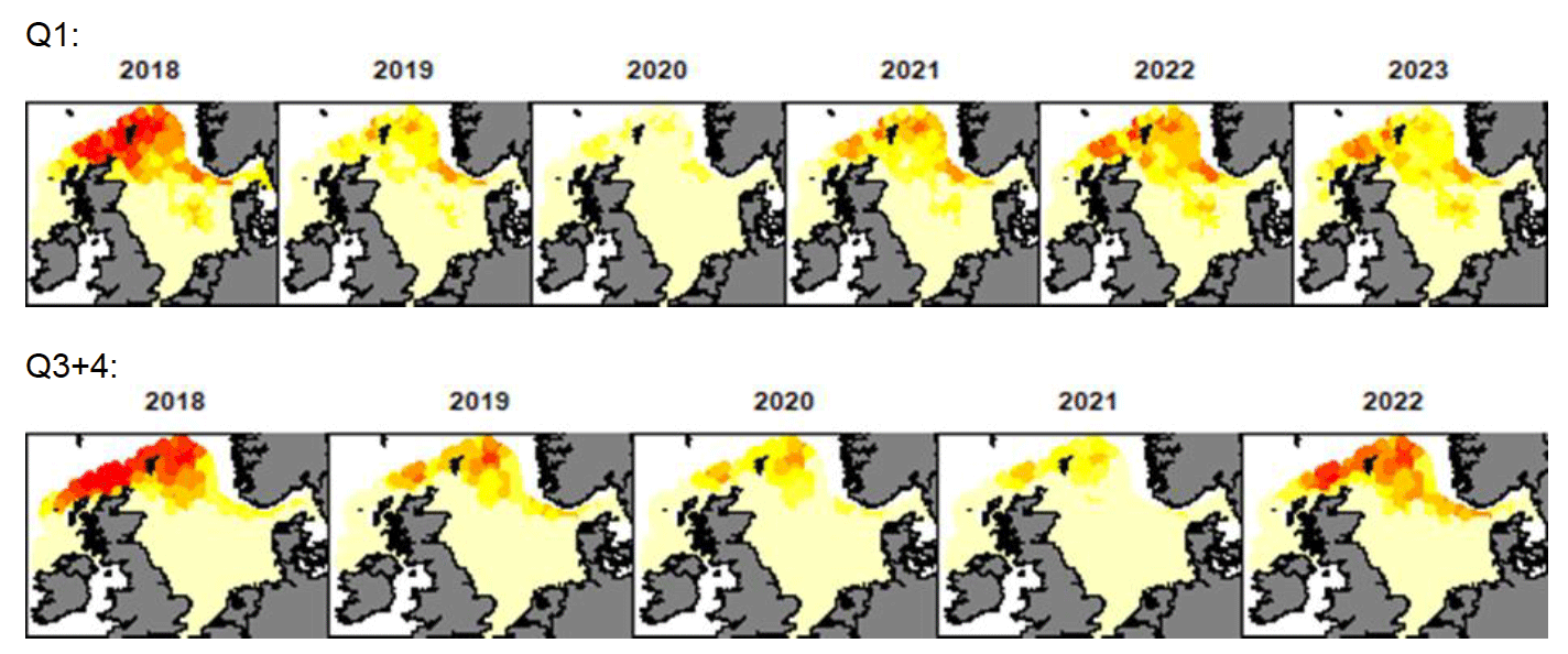 Six maps from 2018–2023 showing heatmap changes in northern European waters, with colours from yellow to red indicating intensity and five maps from 2018–2022 showing heatmap changes in northern European waters, colours from yellow to red indicate intensity.