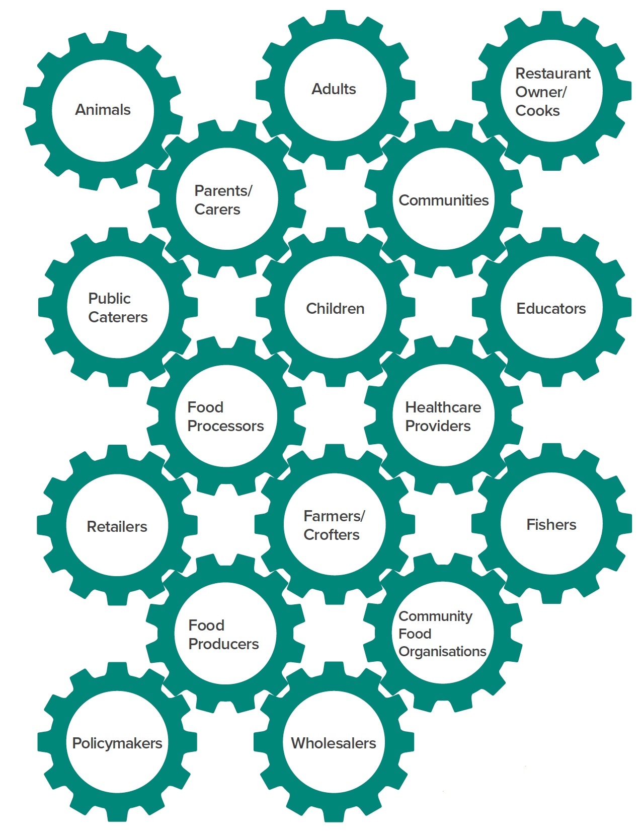A group of green interconnected cogs showing the connection between a subset of different actors in the food system. Each cogs represents one actor. These are: adults, children, communities, restaurant owners and cooks, educators, parents/carers, public caterers, food processors, healthcare providers, farmers and crofters, fishers, retailers, food producers, wholesalers, and policymakers.