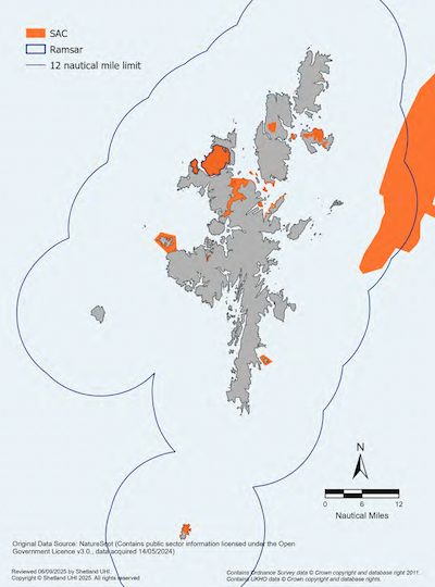 A map of the Shetland Islands showing areas designated as Special Areas of Conservation and Ramsar sites within the Shetland Islands Marine Region. The Ramsar site covers areas on Ronas Hill and Tingon in the north mainland and are also designated Special Areas of Conservation. Other Special Areas of Conservation are spread throughout the North mainland and islands Yell, Fetlar, Papa Stour, Mousa and Fair Isle, along with a large area offshore to the west of Shetland.