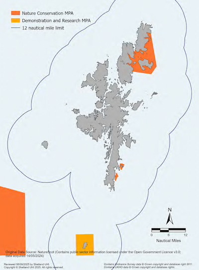 A map of the Shetland Islands showing areas designated as Nature Conservation Marine Protected Areas and Demonstration and Research Marine Protected Areas within the Shetland Islands Marine Region. The Demonstration and Research Marine Protected Area is around Fair Isle and the Nature Conservation Marine Protected Area is a large area from the west coast of Yell and Unst and surrounding Fetlar. There are smaller areas around the island of Mousa, and Boddam in the south mainland.