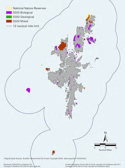 A map of the Shetland Islands showing areas designated as Sites of Special Scientific Interest and National Nature Reserves within the Shetland Islands Marine Region. Sites of Special Scientific Interest are shown on the map in different colours depending on whether they are designated for biological features, geological features or a mix of the two. National nature reserves are located in the north of Unst and the island of Noss.
