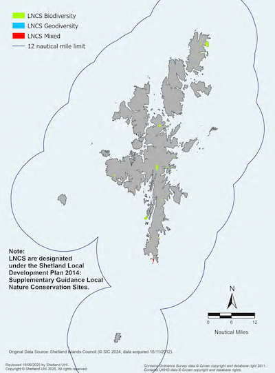 A map of the Shetland Islands showing areas designated as Local Nature Conservation Sites within the Shetland Islands Marine Region. The Local Nature Conservation Sites are shown on the map in different colours depending on whether they are designated for biodiversity features, geodiversity features or a mix of the two. Note: Local Nature Conservation Sites are designated under the Shetland Local Development Plan 2014 Supplementary Guidance Local Nature Conservation Sites.