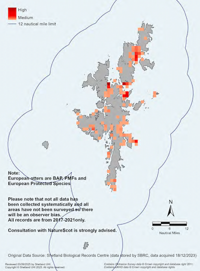 A map of the Shetland Islands showing the relative intensity of European otter sightings in the Shetland Islands Marine Region. Note: European otters are Biodiversity Action Plan species, Priority Marine Features and European Protected Species. Also note that not all data has been collected systematically and all areas have not been surveyed so there will be an observer bias. All records are from 2017-2021 only. Consultation with NatureScot is strongly advised. 