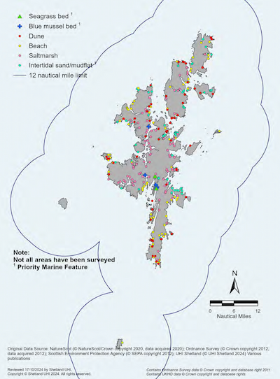 A map of the Shetland Islands showing Intertidal sediment distribution and supported habitats within the Shetland Islands Marine Region. Locations of seagrass beds, blue mussel beds and intertidal sand and mudflats, dunes, beaches and saltmarsh are shown. seagrass beds, blue mussel beds and intertidal sand and mudflats are all Priority Marine Features. Note: not all areas have been surveyed.