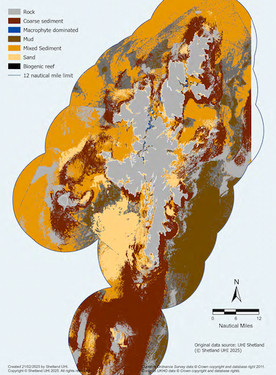 A map of the Shetland Islands showing modelled subtidal habitats within the Shetland Islands Marine Region. Habitats shown are rock, coarse sediment, macrophyte dominated, mud, mixed sediment, sand and biogenic reefs.