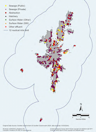 A map of the Shetland Islands showing discharge locations within the Shetland Marine Region. Coloured points show the locations of sea discharges for sewage, abstraction, hatchery discharges, surface water, and other effluents.