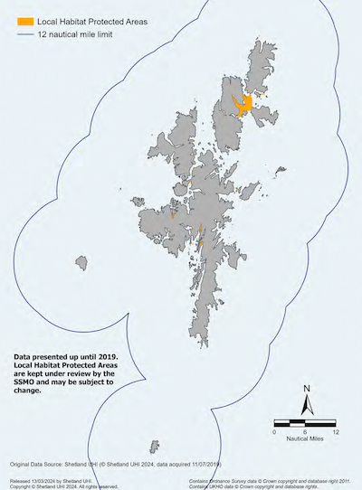 A map of the Shetland Islands showing Local Habitat Protection Areas identified by the Shetland Shellfish Management Organisation within the Shetland Islands Marine Region. Note: Data presented up until 2019. Local Habitat Protection Areas are kept under review by the SSMO and may be subject to change. 