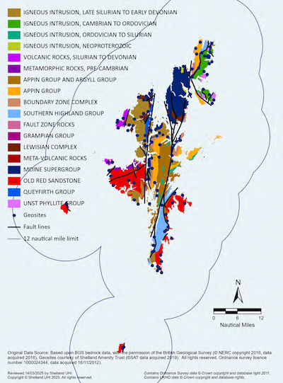 A map of the Shetland Islands showing the geology and Geosites within the Shetland Islands Marine Region. The map depicts the locations of the following geological features: Igneous intrusion- late Silurian to early Devonian, Igneous intrusion- Cambrian to Ordovician, Igneous intrusion- Ordovician to Silurian, Igneous intrusion- Neoproterozoic, Volcanic rocks- Silurian to Devonian, Metamorphic rocks- Pre-Cambrian, Appin group and Argyll group, Appin group, Boundary zone complex, Southern Highland group, Fault zone rocks, Grampian group, Lewisian complex, Meta-volcanic rocks, Moine supergroup, Old red sandstone, Queyfirth group, Unst phyllite group. Geosites and fault lines are also shown.