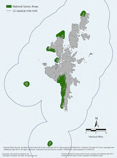 A map of the Shetland Islands showing National Scenic Areas in the Shetland Islands Marine Region. Shetland’s National Scenic Area covers the whole of the islands of Fair Isle and Foula, the west coast from Fitful Head up to Whiteness and Weisdale Voe and across to Reawick, the western half of Muckle Roe, the south coasts of Hillswick and Eshaness, Fethaland and Uyea in the north Mainland, and Hermaness on the isle of Unst.