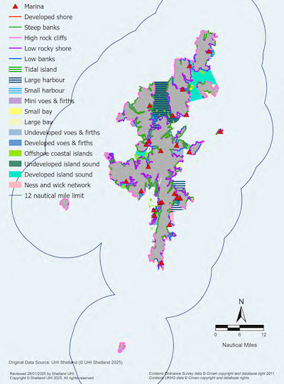 A map of the Shetland Islands showing the seascape character of the Shetland Islands Marine Region. The whole of the Shetland coastline has been surveyed and categorised as one of the following: developed shore, steep bank, high rock cliff, low rocky shore, low banks, tidal island, large harbour, small harbour, mini voe or firth, small bay, large bay, undeveloped voe or firth, developed voe or firth, offshore coastal island, undeveloped island sound, developed island sound, ness and wick network. The location of marinas are also shown. 